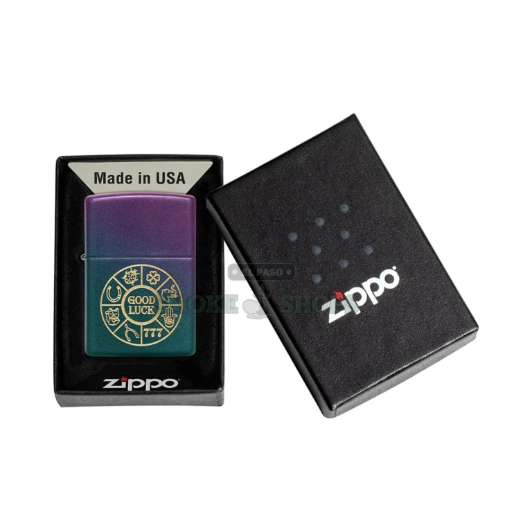 Zippo Lucky Symbols Iridescent windproof lighter 49399 with color-shifting turquoise and violet finish, closed