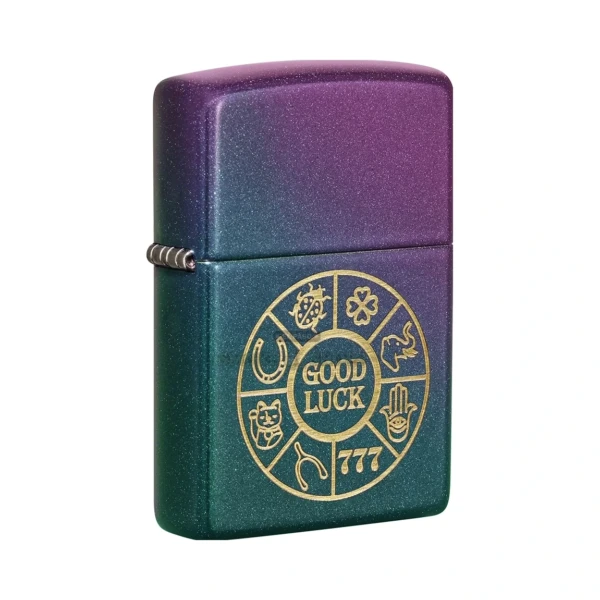 Zippo Lucky Symbols Iridescent windproof lighter 49399 with color-shifting turquoise and violet finish, closed