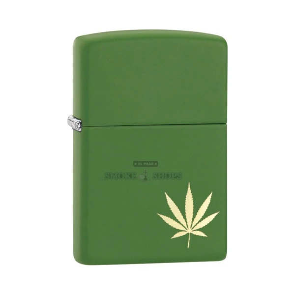 Zippo 29587 windproof lighter in brushed chrome with an engraved marijuana leaf, closed front view