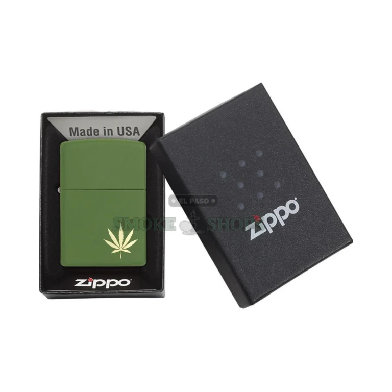 Zippo 29587 windproof lighter in brushed chrome with an engraved marijuana leaf, closed front view