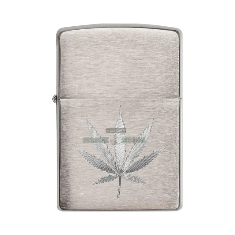 Zippo Cannabis Collection lighter shown open with the windproof chimney and wick visible