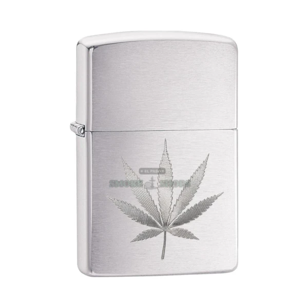 Zippo 29587 windproof lighter in brushed chrome with an engraved marijuana leaf on the front, lid closed