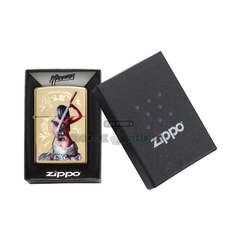 Zippo Mazzi Dragon Warrior 29668 lighter displayed in its Zippo gift box