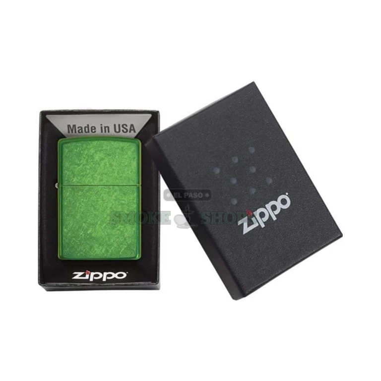 Zippo Meadow 24840 with the lid open showing the windproof chimney and flint wheel