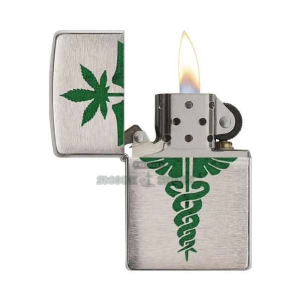 Zippo Medical Design windproof lighter with brushed brass case and medical emblem, lid closed