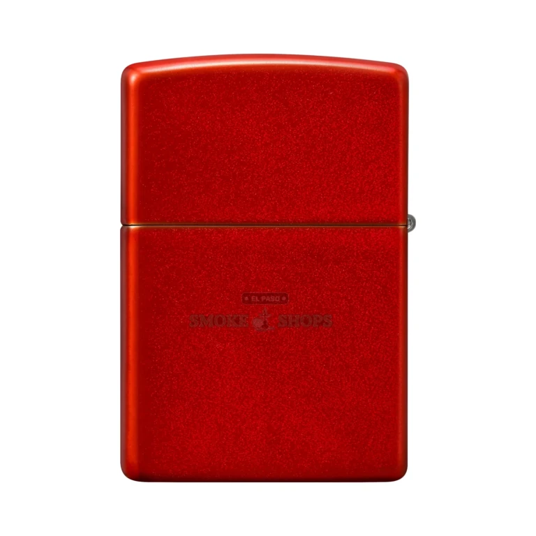 Zippo 49475 Metallic Red lighter shown open with the windproof chimney windscreen and wick visible