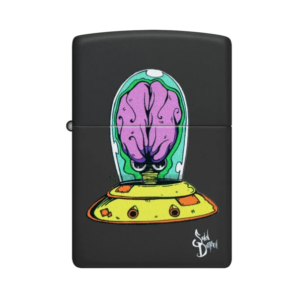 Zippo Michelobeo Color Image lighter in Black Matte finish, model 48683, front view showing Sean Dietrich space-creature artwork