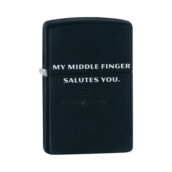 Zippo 29867 black matte windproof lighter with the My Middle Finger Salutes You text design, lid closed