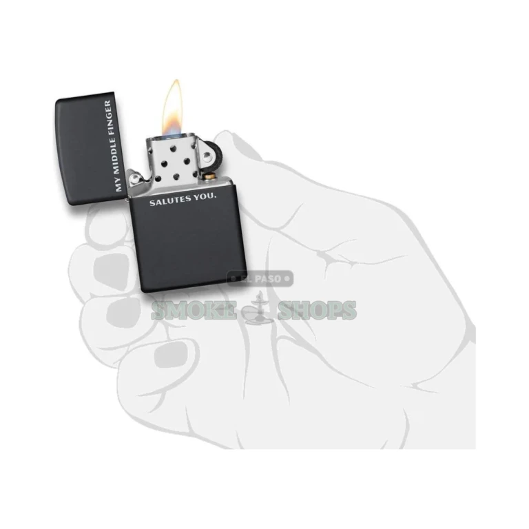 Close-up of the My Middle Finger Salutes You color-image text printed on the black matte Zippo case