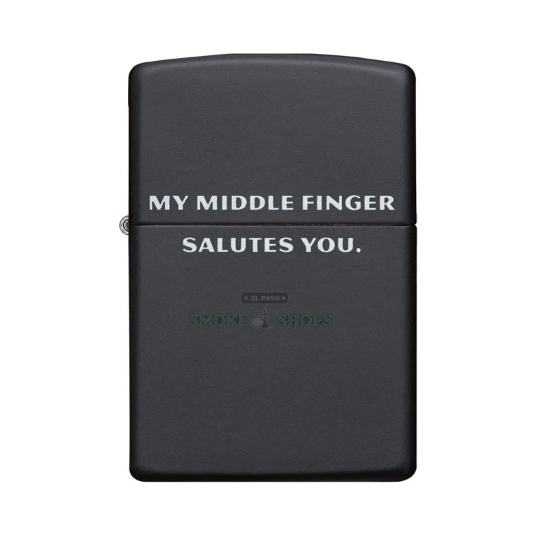 Zippo 29867 black matte windproof lighter with the My Middle Finger Salutes You text design, lid closed