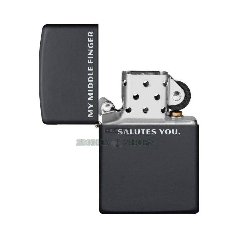 Zippo 29867 black matte windproof lighter with the My Middle Finger Salutes You text design, lid closed