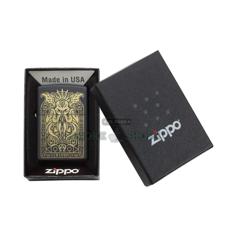 Zippo Monster Design black matte lighter 29965 with laser-engraved Cthulhu-style cosmic creature, closed front view