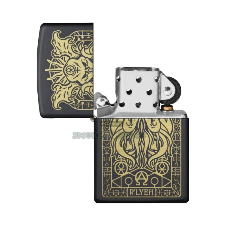 Zippo Monster Design black matte lighter 29965 with laser-engraved Cthulhu-style cosmic creature, closed front view