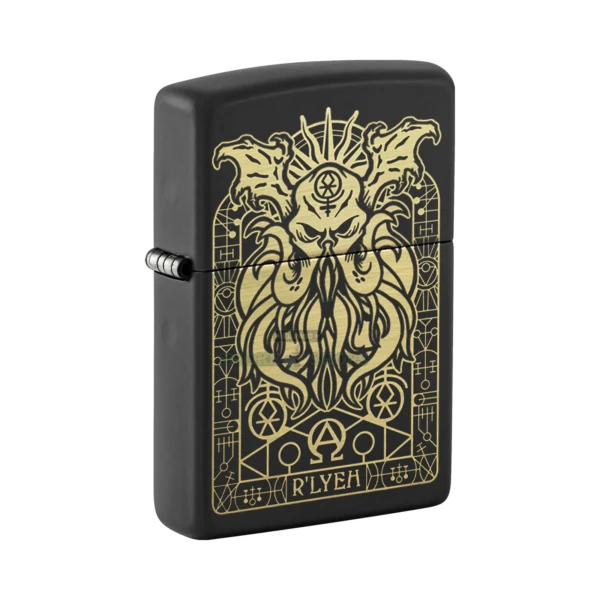 Zippo Monster Design black matte lighter 29965 with laser-engraved Cthulhu-style cosmic creature, closed front view