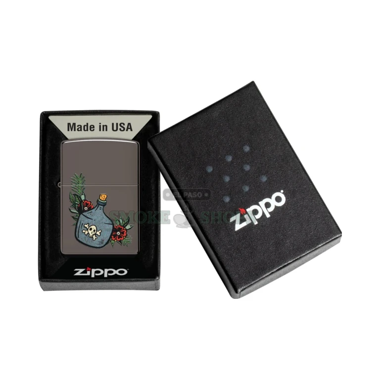 Back and side view of the Moonshine Jug Black Ice Zippo windproof lighter showing the reflective charcoal chrome case