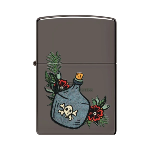 Zippo Moonshine Jug Tattoo Design lighter in Black Ice finish, model 48409, closed front view showing the full-color moonshine jug graphic