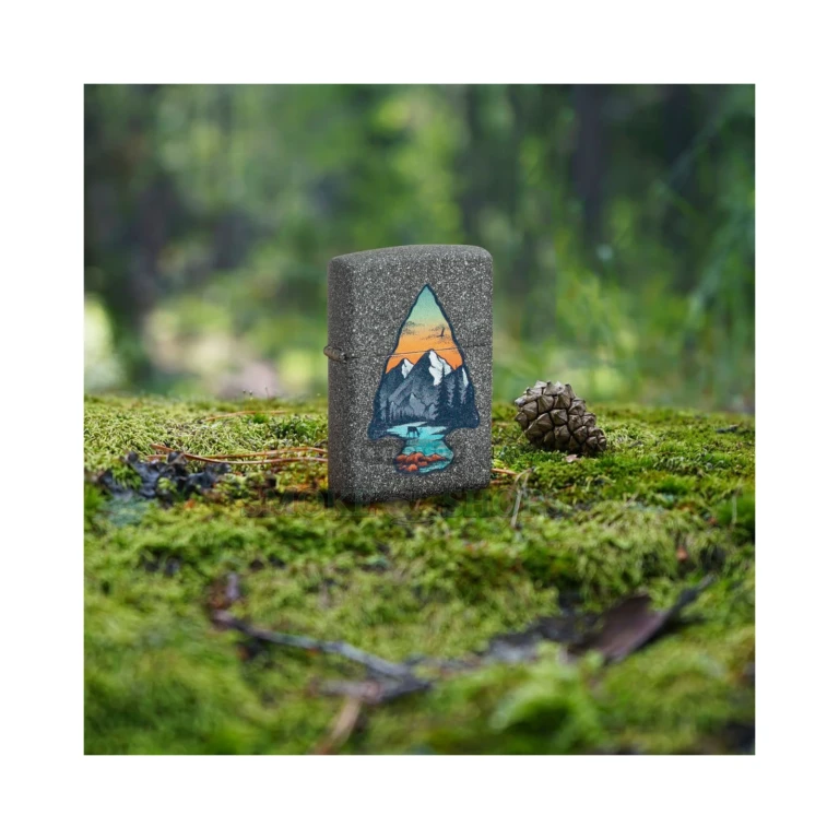 Iron Stone Zippo 540 Color lighter open with the windproof flame lit, Mountain Design wrapping the case
