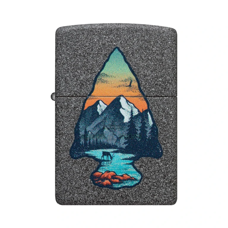 Zippo Mountain Design 540 Color lighter in Iron Stone finish, model 46007, showing the arrowhead keyhole mountain landscape on the front