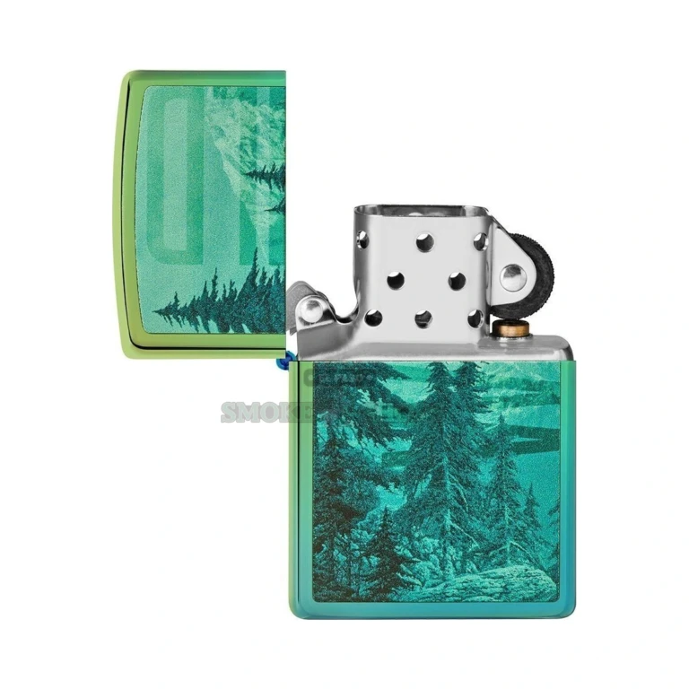 High Polish Teal Zippo 49461 shown open with the lid flipped back, revealing the windproof chimney and flint wheel