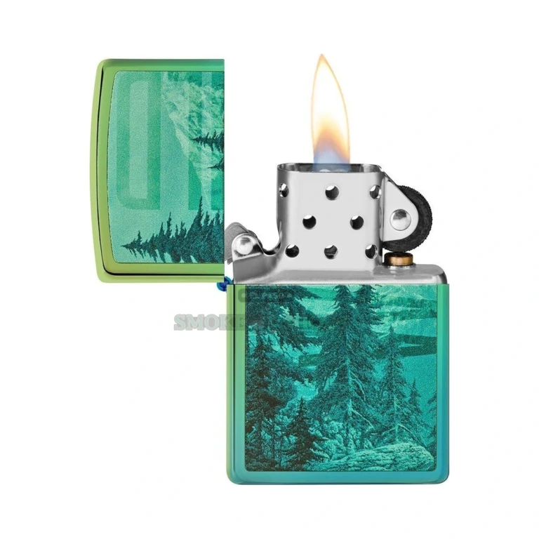 Mirror-finish teal Zippo Mountain Design lighter catching shifting turquoise and lime tones in the light