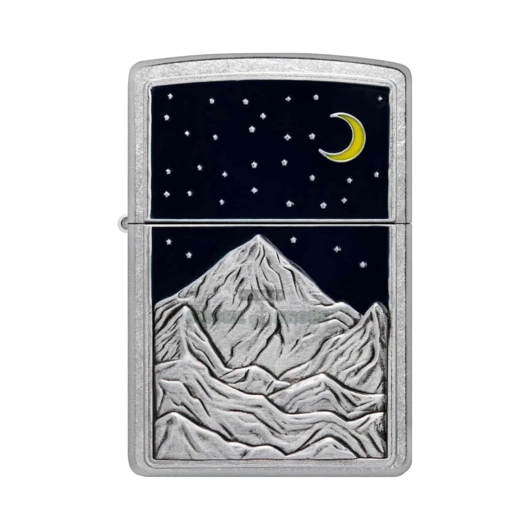 Zippo 48632 Mountain Emblem lighter open with the lid flipped up, showing the windproof chimney