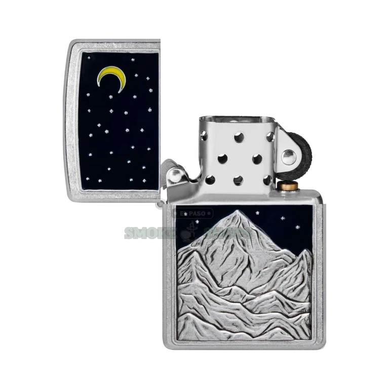 Zippo Mountain Emblem lighter shown beside its Zippo gift box at El Paso Smoke Shops