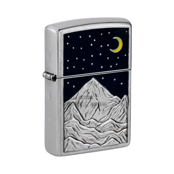 Zippo Mountain Emblem windproof lighter 48632 in Street Chrome, with a sculpted crescent moon and stars over a mountainscape emblem on the front