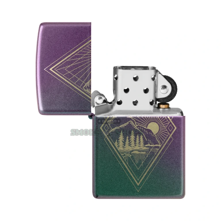 Laser-engraved mountain vista on the front of the Zippo iridescent Classic-case brass lighter