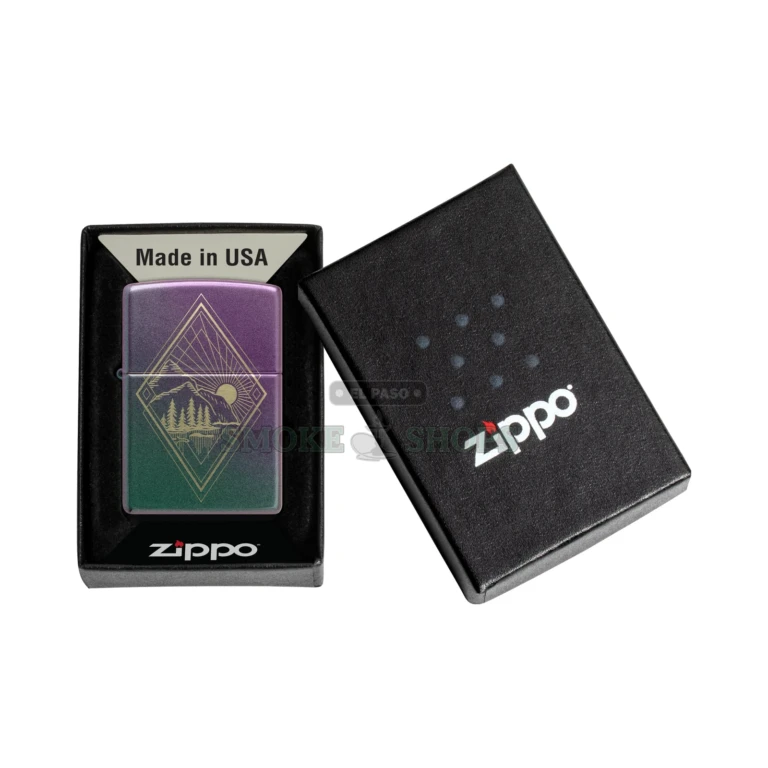 Zippo Mountain Outdoor Design windproof lighter 48382 with iridescent satin finish, closed front view