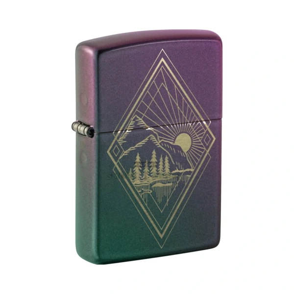 Zippo Mountain Outdoor Design windproof lighter 48382 with iridescent satin finish, closed front view