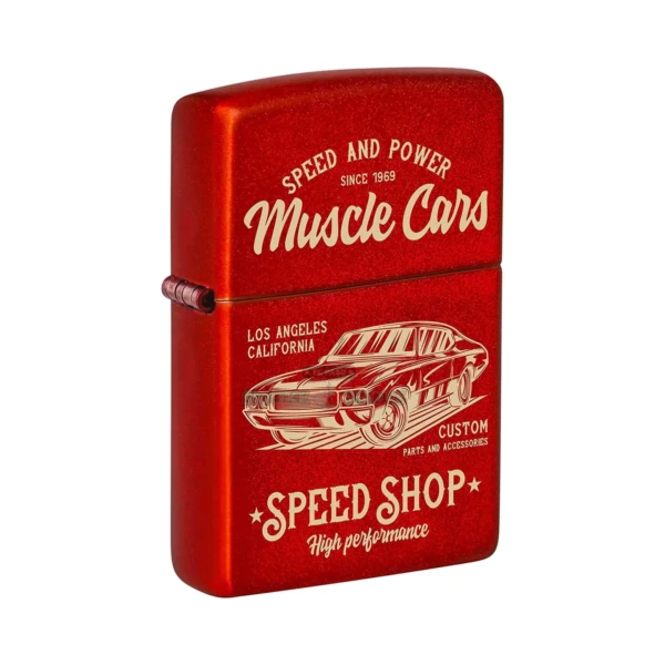 Zippo Muscle Car Design windproof lighter in Metallic Red, model 48523, closed front view