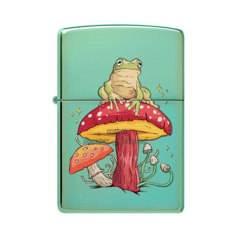Zippo Mystical Frog windproof lighter 48973 in High Polish Green with a frog perched on a mushroom