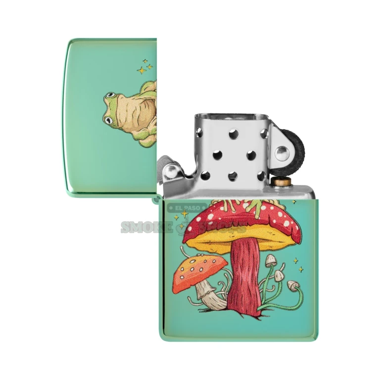 Zippo Mystical Frog windproof lighter 48973 in High Polish Green with a frog perched on a mushroom
