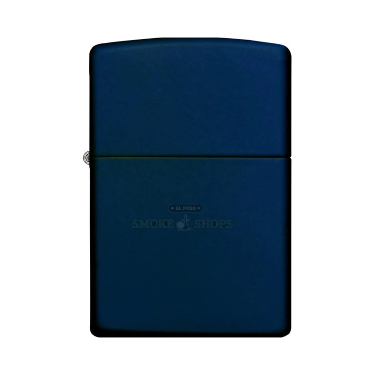 Open Zippo 239 navy blue matte lighter showing the windproof chimney and flint wheel