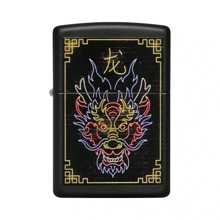 Front view of the Zippo Neon Dragon lighter showing the golden neon border around the dragon graphic on the black matte case