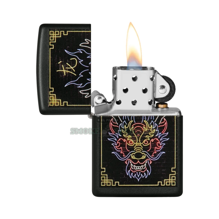 Zippo Neon Dragon lighter shown open with the windproof chimney and all-metal insert