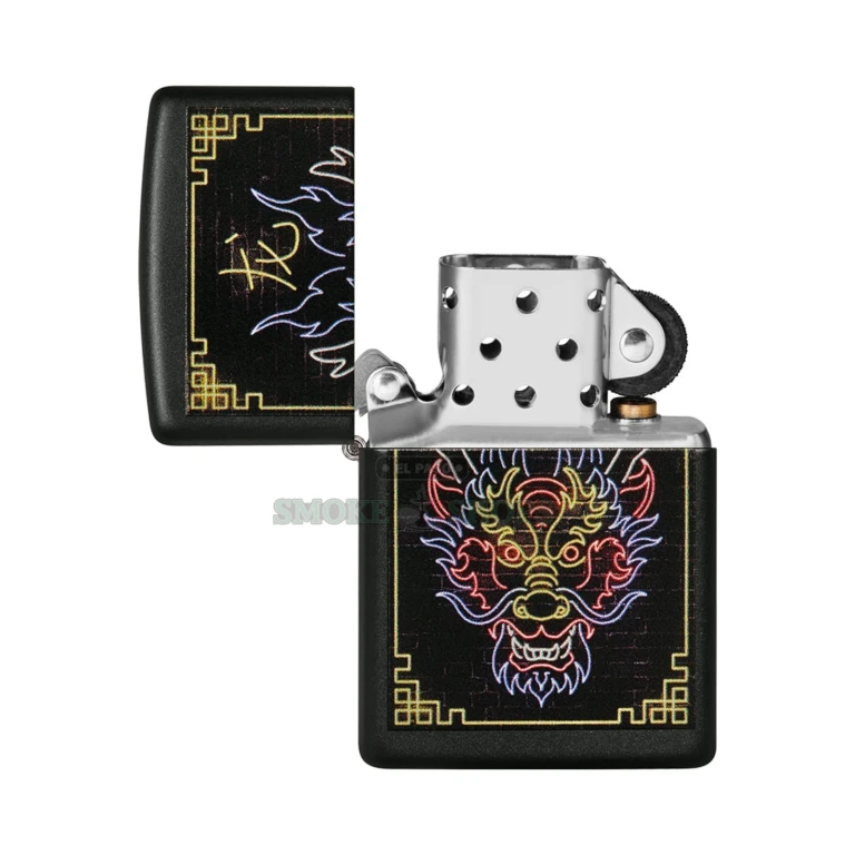 Black matte Zippo Neon Dragon lighter in its Zippo gift box, stocked at El Paso Smoke Shops