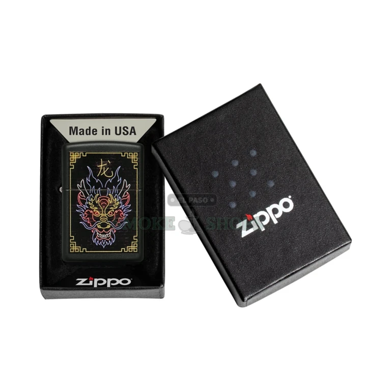 Zippo Neon Dragon Design black matte windproof lighter model 49396 with a glowing neon dragon face on a dark brick background
