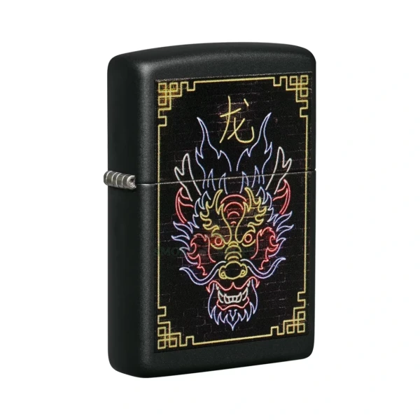 Zippo Neon Dragon Design black matte windproof lighter model 49396 with a glowing neon dragon face on a dark brick background
