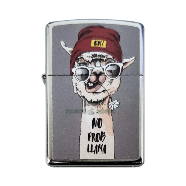 Zippo No Prob Llama lighter model 207 in Street Chrome finish, front view with llama character design