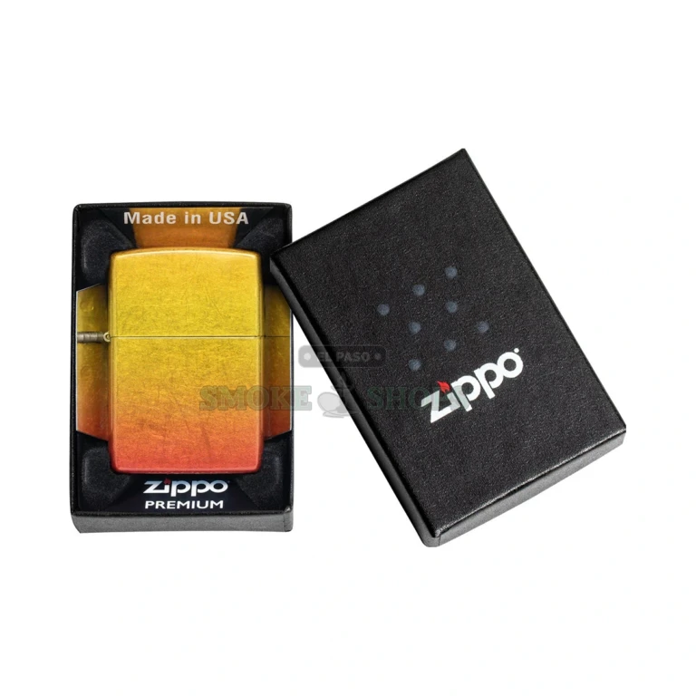 Zippo Ombre Orange Yellow windproof lighter model 48512 with a 540 Fusion finish fading from orange to yellow, closed