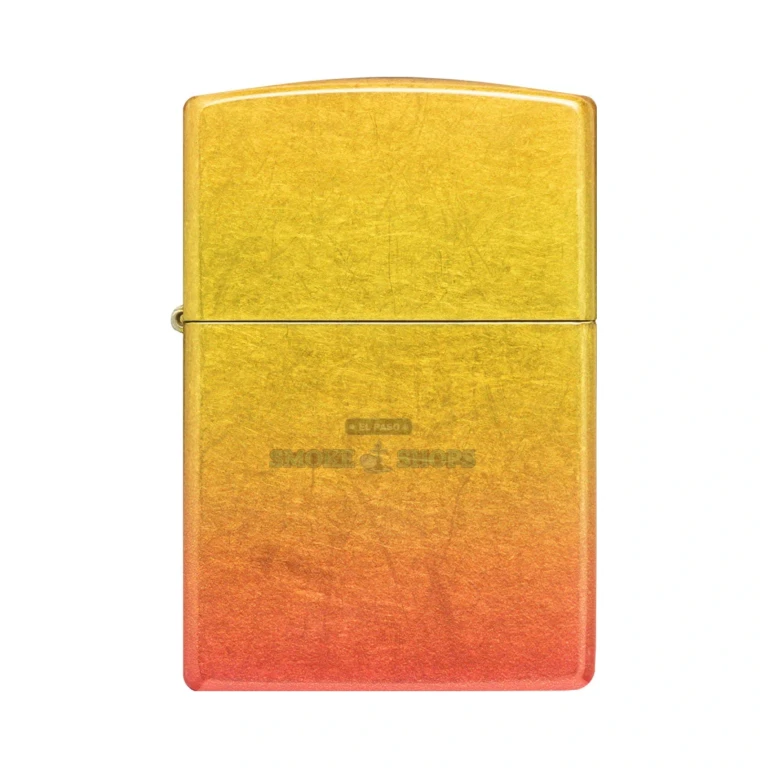 Side view of the Zippo Ombre Orange Yellow 540 Fusion lighter showing the iridescent finish wrapping the brass case