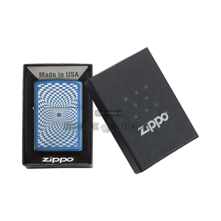 Zippo 29427 Optical Squares lighter open with the lid up and the chimney visible