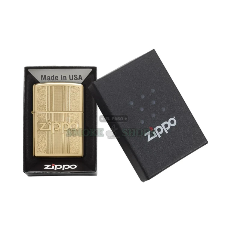 Zippo 29677 High Polish Brass lighter in its Zippo gift box on the counter at an El Paso Smoke Shops store