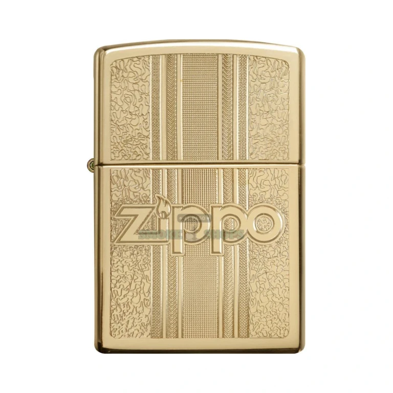 Zippo Pattern Design lighter in High Polish Brass, model 29677, closed and showing the engraved Zippo logo and decorative pattern surround