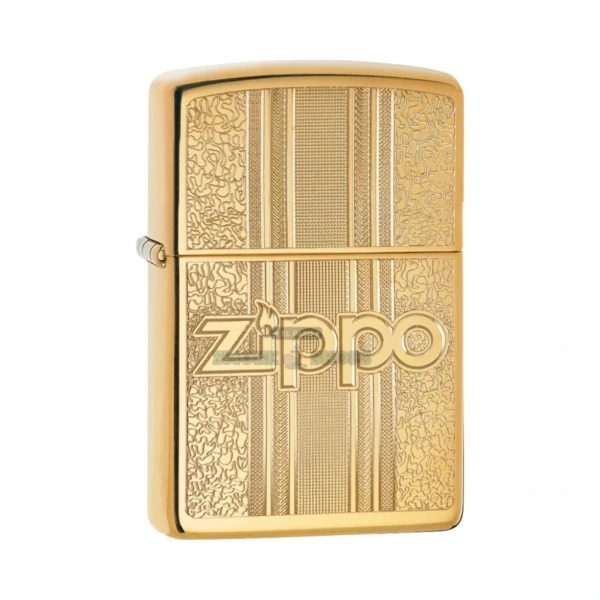 Zippo Pattern Design lighter in High Polish Brass, model 29677, closed and showing the engraved Zippo logo and decorative pattern surround