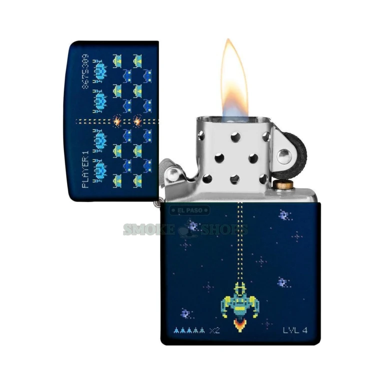 Back of the navy matte Zippo Pixel Game lighter showing the Color Image collection finish