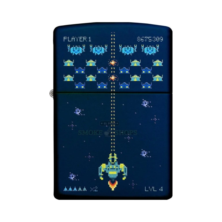 Zippo Pixel Game windproof lighter in navy matte with retro 8-bit arcade pixel design, front view
