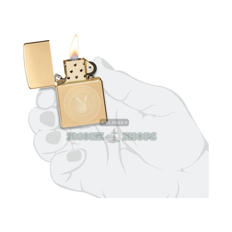 Zippo Playboy Rabbit Head windproof lighter, closed, showing the Playboy bunny logo on a brass-finish case