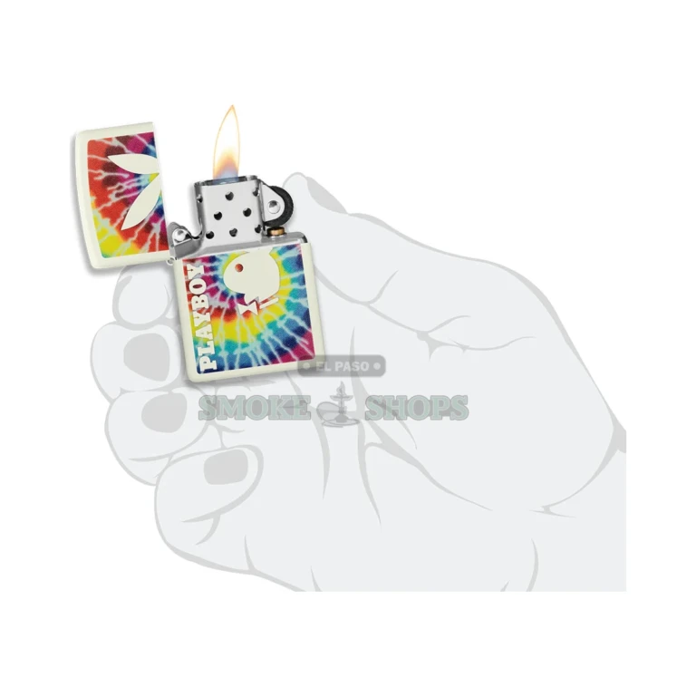 Zippo Playboy tie-dye Rabbit Head glow-in-the-dark green lighter, model 48373, closed front view